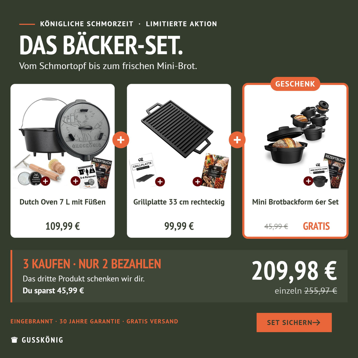 Bäcker-Set: Dutch Oven 7 L, Grillplatte 33 cm und Mini Brotbackformen als Geschenk