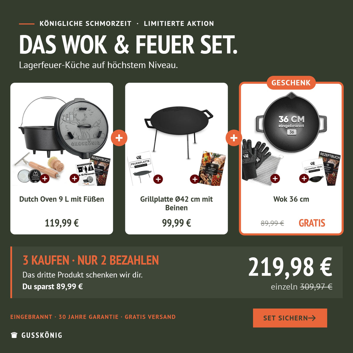 Wok & Feuer Set: Dutch Oven 9 L, Grillplatte Ø42 cm und Wok als Geschenk