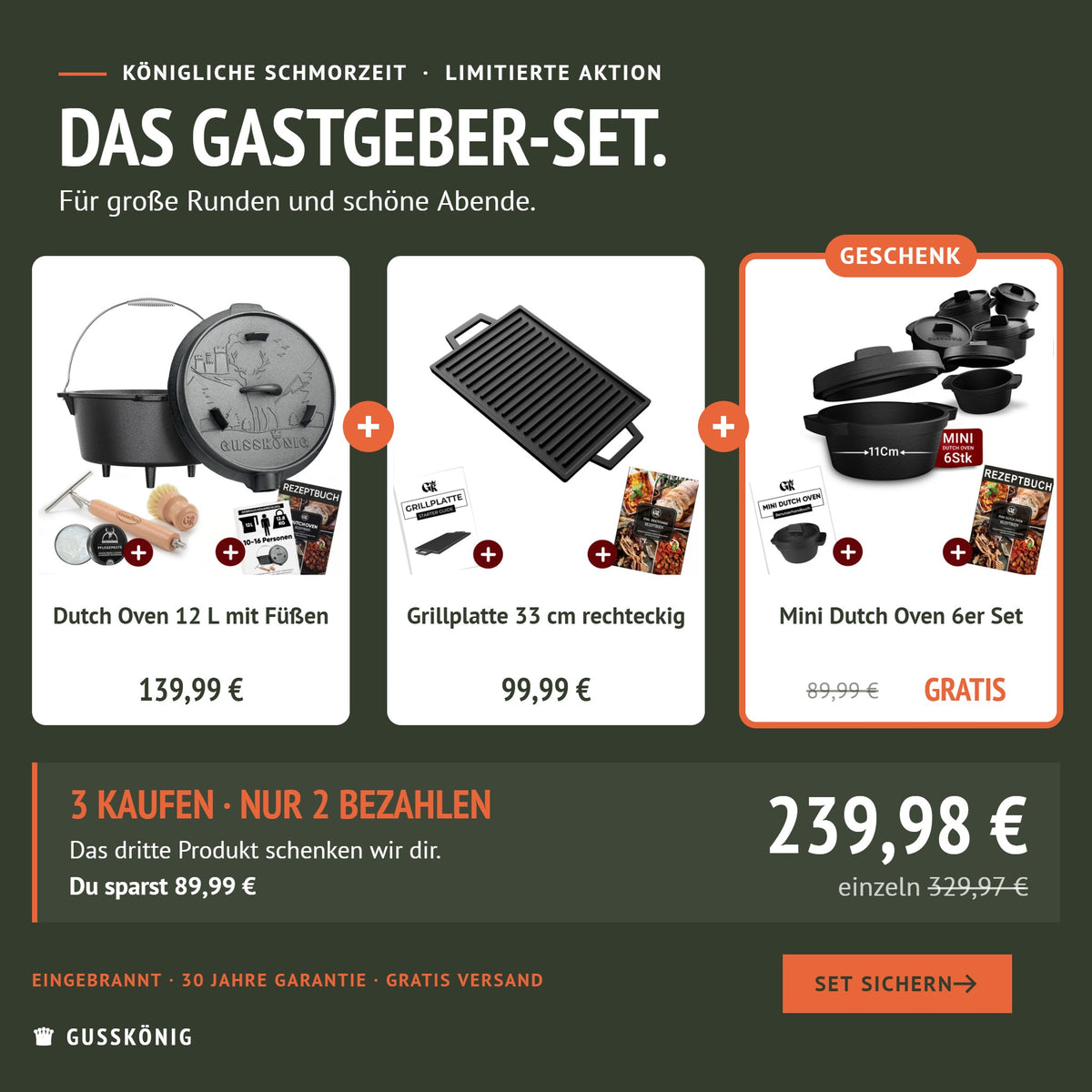 Gastgeber-Set: Dutch Oven 12 L, Grillplatte 33 cm und 6 Mini Dutch Oven als Geschenk