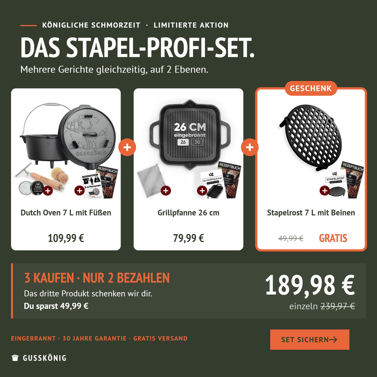 Stapel-Profi-Set: Dutch Oven 7 L, Grillpfanne 26 cm und Stapelrost als Geschenk