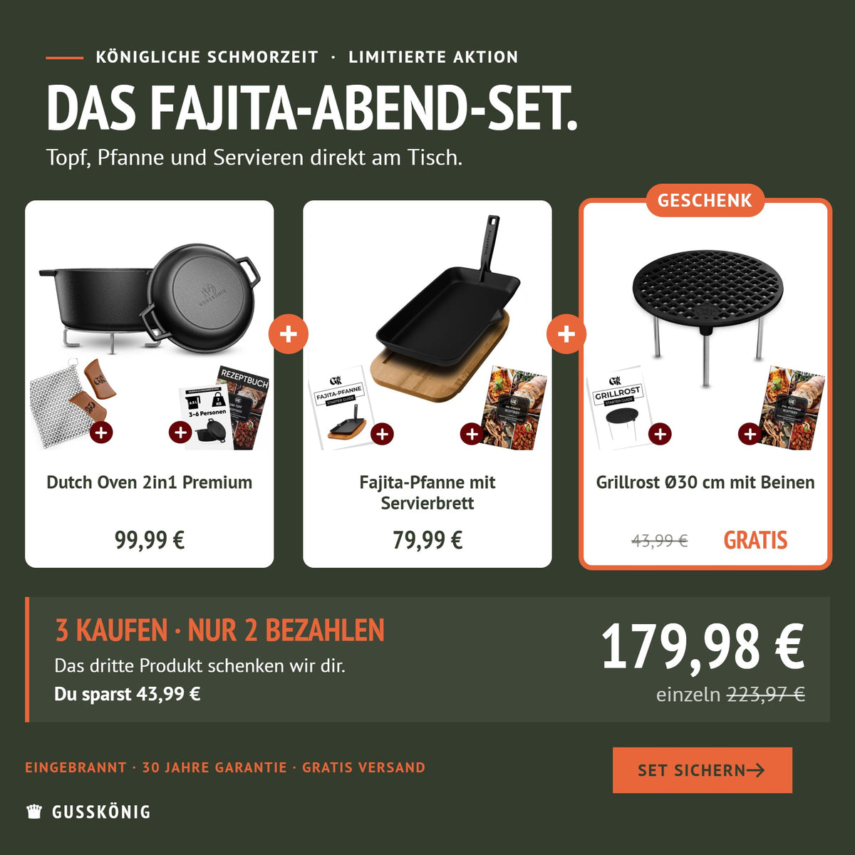 Fajita-Abend-Set: Dutch Oven 2in1, Fajita-Pfanne und Grillrost als Geschenk