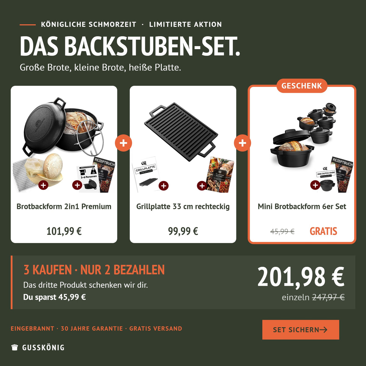 Backstuben-Set: Brotbackform 2in1, Grillplatte 33 cm und Mini Brotbackformen als Geschenk