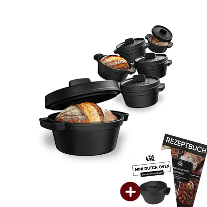 GUSSKÖNIG Mini Gusseisen Brotbackform Set – [6x, 4x] 300ml Brotbacktopf mit Deckel