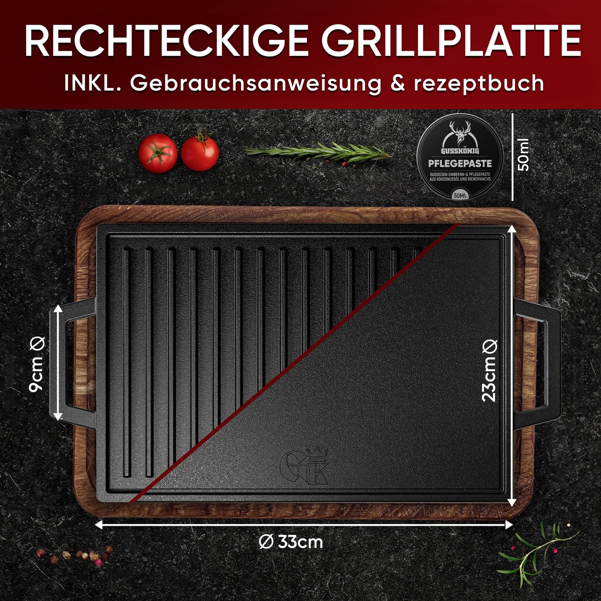 Rechteckige Gusseisen Grillplatte (33 cm)Mit PflegepasteGusskönig