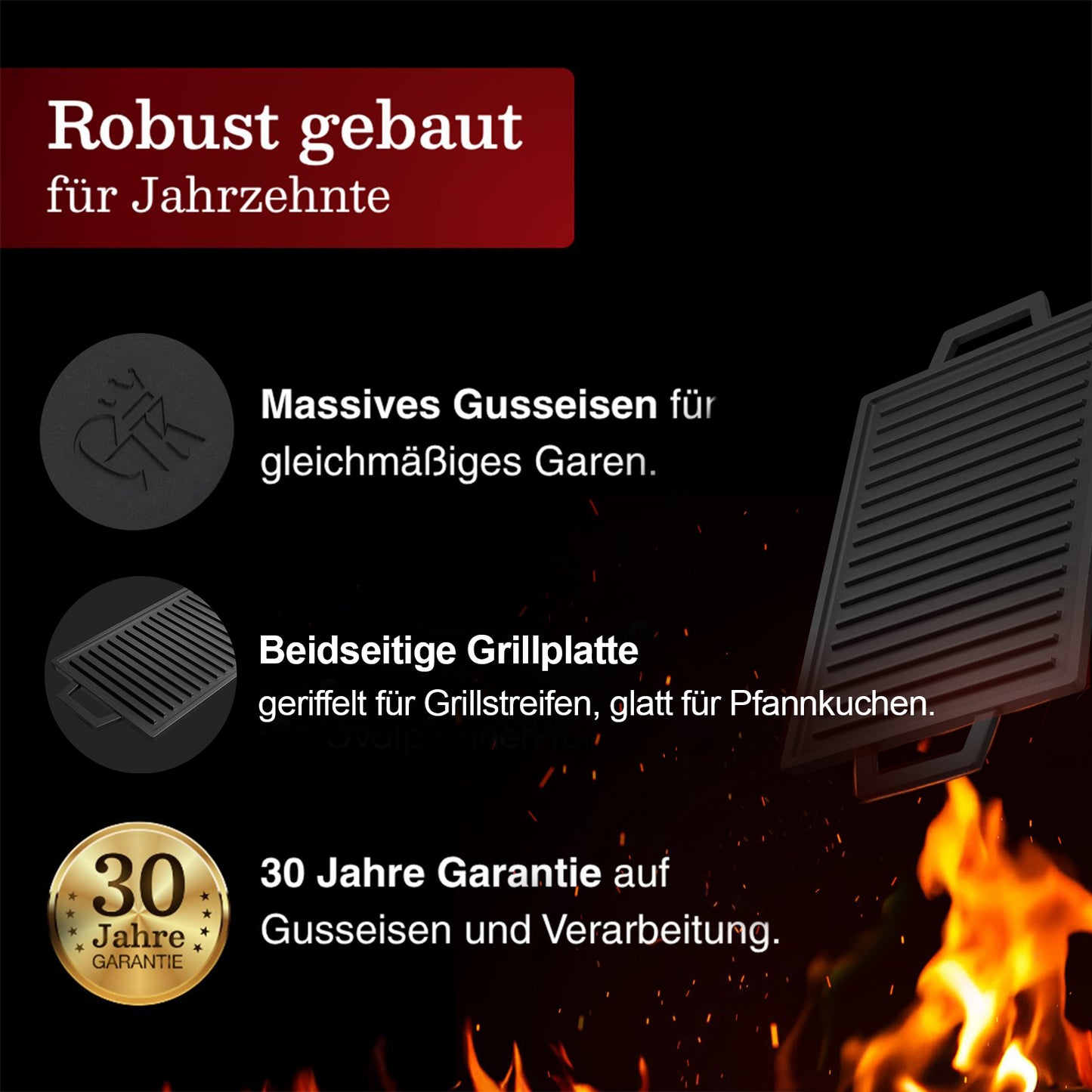 Rechteckige Gusseisen Grillplatte  (33 cm)