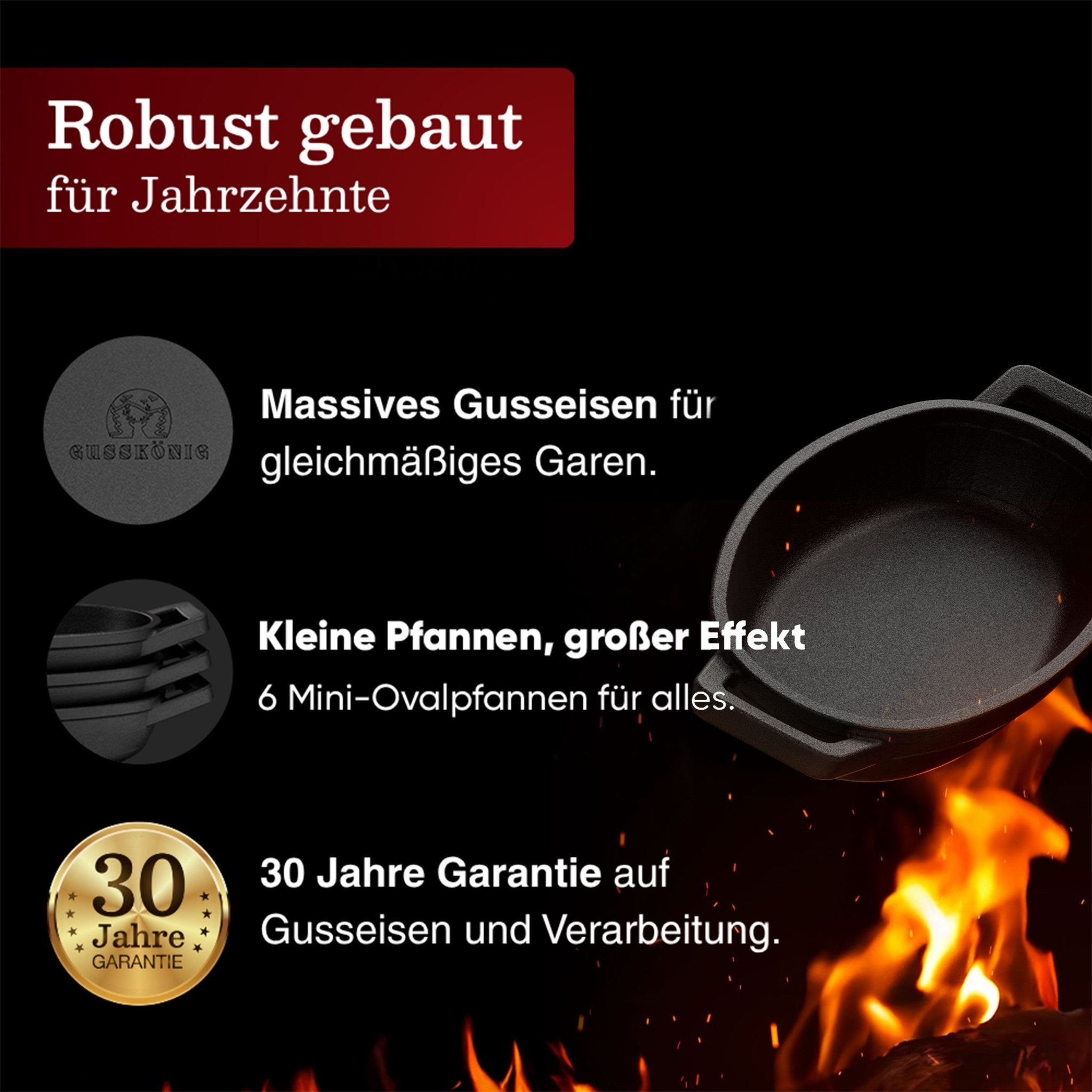 Servierpfannen Set – 6 ovale GusseisenpfännchenOhne PflegepasteGusskönig