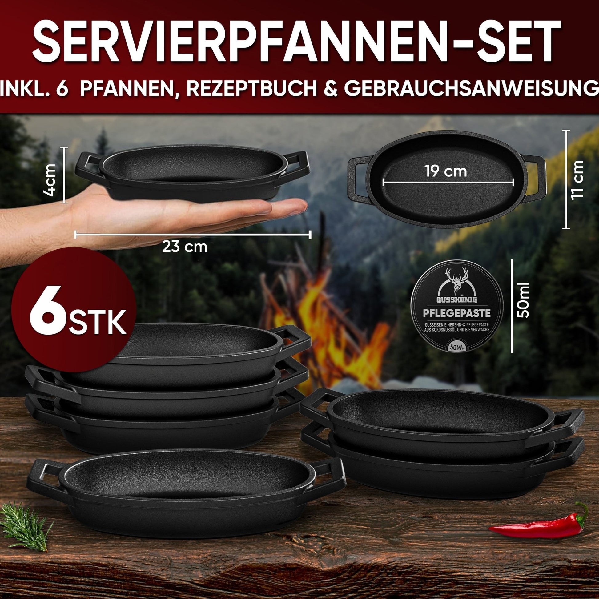 Servierpfannen Set – 6 ovale GusseisenpfännchenMit PflegepasteGusskönig