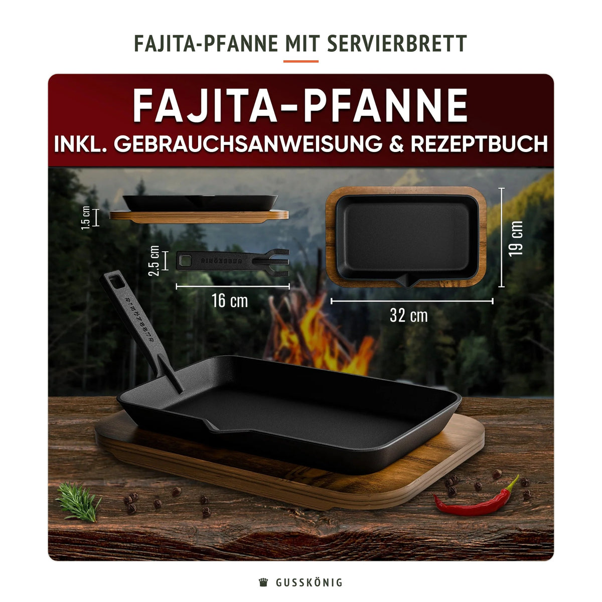 Gusskönig Fajita-Pfanne mit Servierbrett